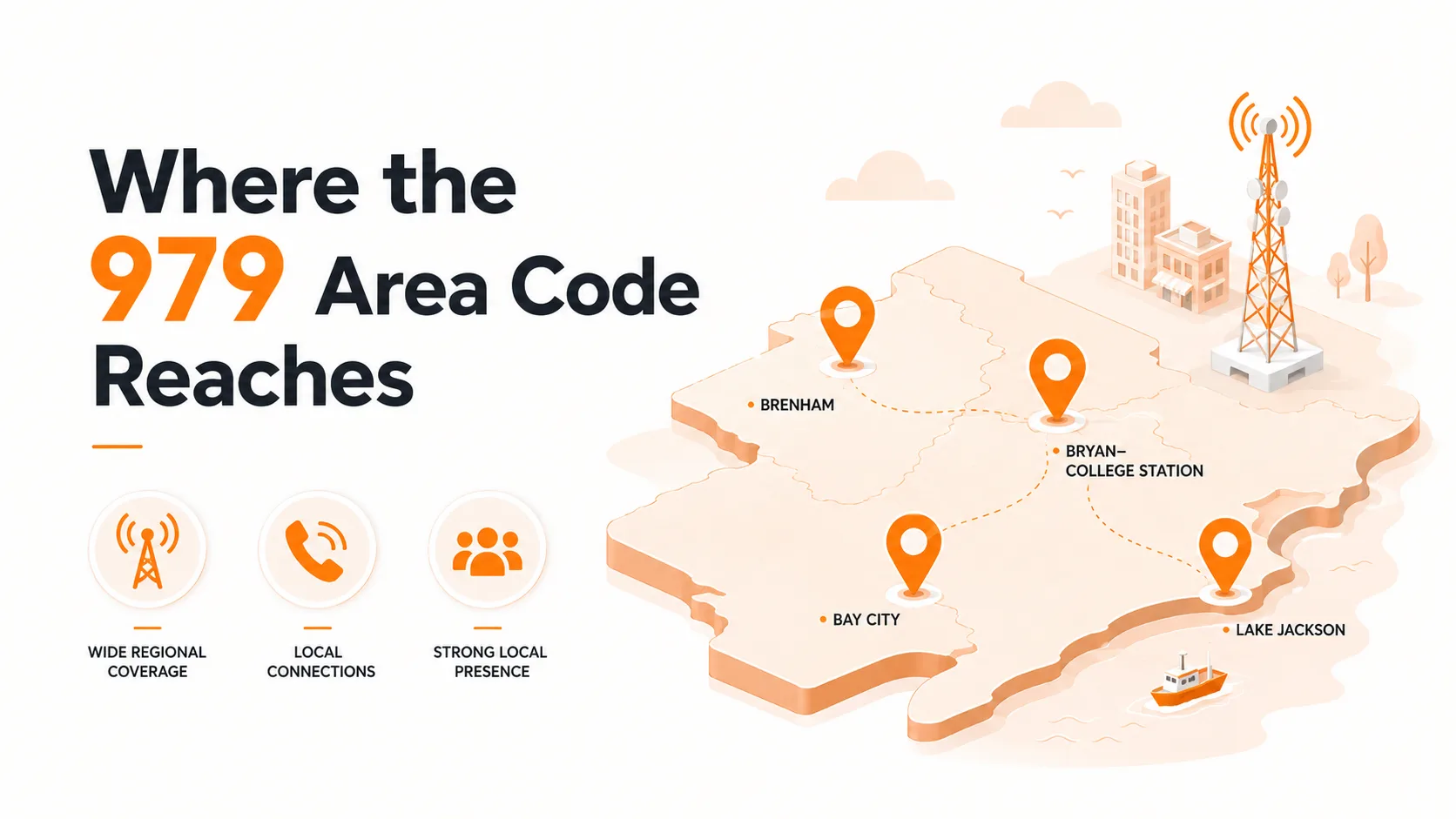 Where the 979 area code reaches across the Brazos Valley and Gulf Coast