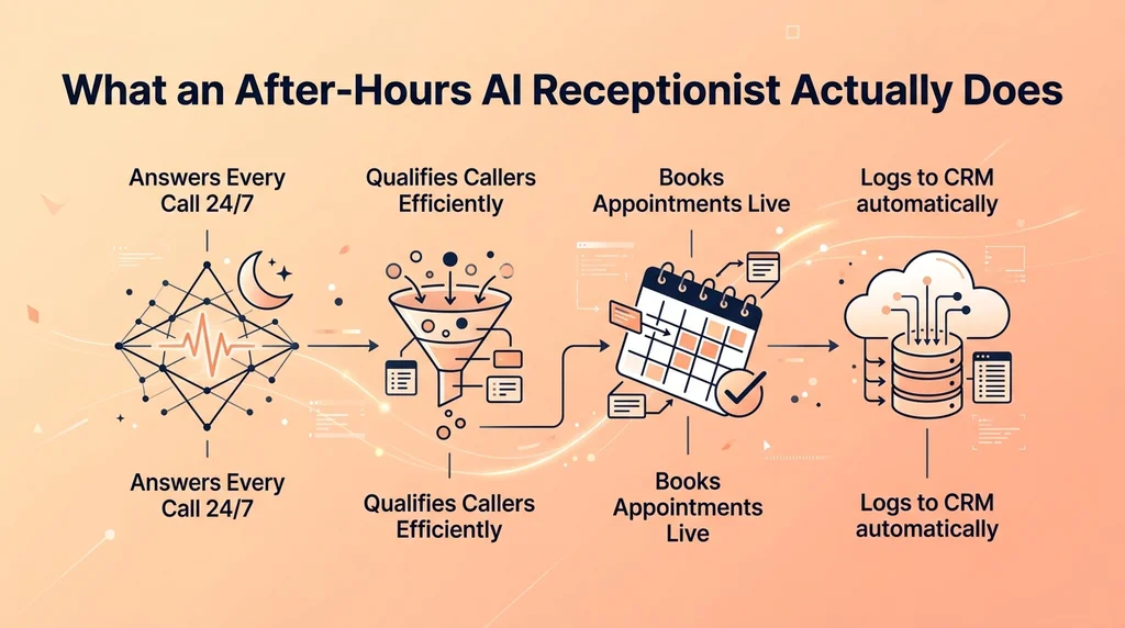 What an after-hours AI receptionist actually does: qualify the caller, check a live calendar, book, and log to the CRM