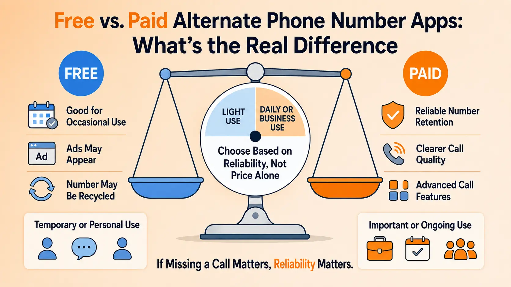 Comparison card showing a free alternate phone number tier with basic calling and ads versus a paid tier with premium features, call forwarding, and priority support