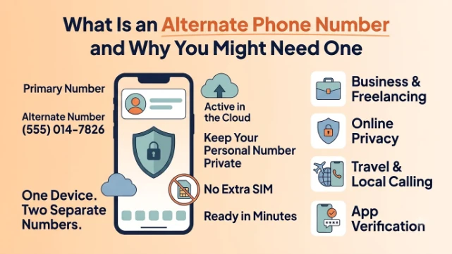 Phone screen showing a primary number and an active alternate number side by side in a virtual numbers dashboard, with call, text, and voicemail icons