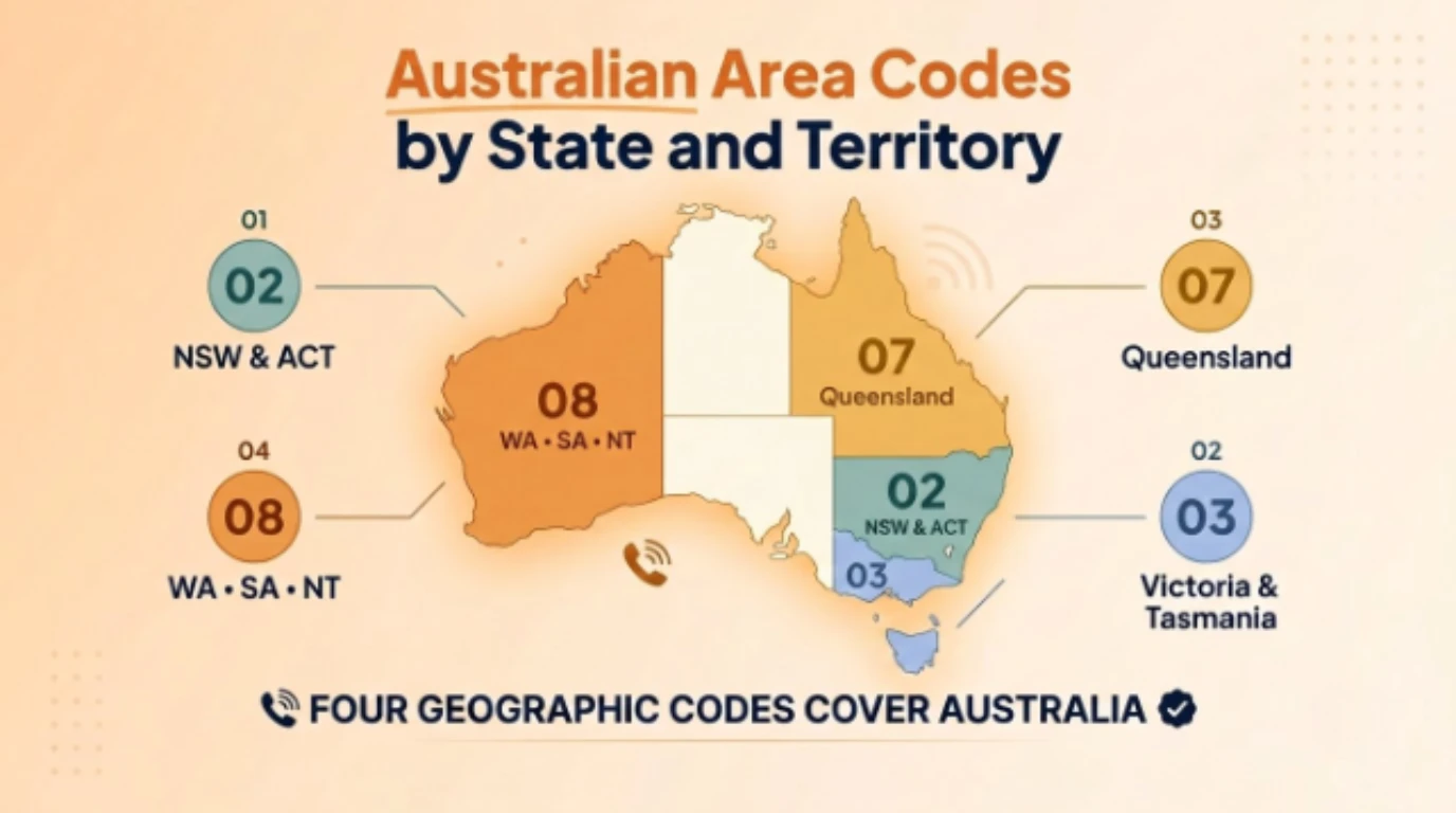 Map of Australia showing four geographic area codes: 02 for NSW and ACT, 03 for Victoria and Tasmania, 07 for Queensland, and 08 for WA, SA, and the Northern Territory