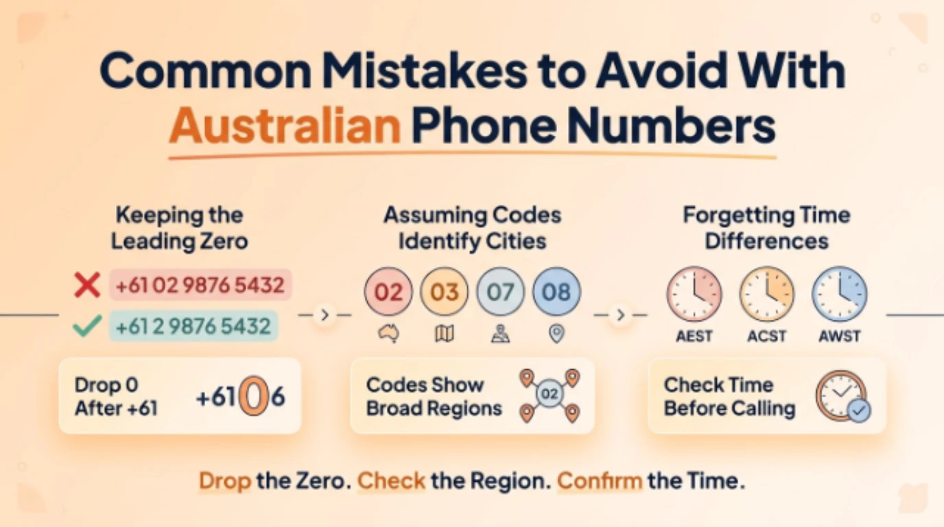 Three-mistake graphic covering keeping the leading zero when dialing internationally, assuming area codes identify a specific city, and forgetting Australia's three time zones