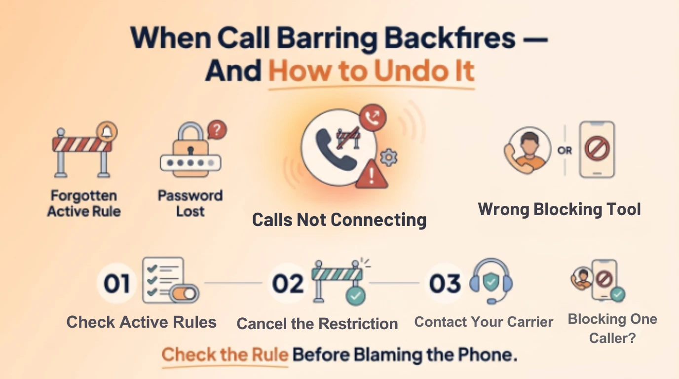 Graphic showing common call barring problems — forgotten active rules, lost passwords, and calls not connecting — alongside a three-step fix: check active rules, cancel the restriction, contact your carrier