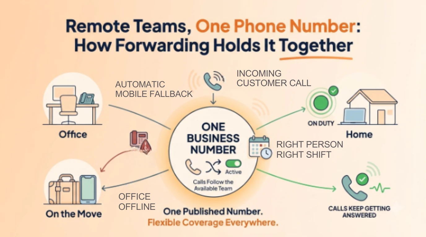 Diagram showing one business number forwarding an incoming customer call to whichever team member is on duty, whether at the office, at home, or on the move
