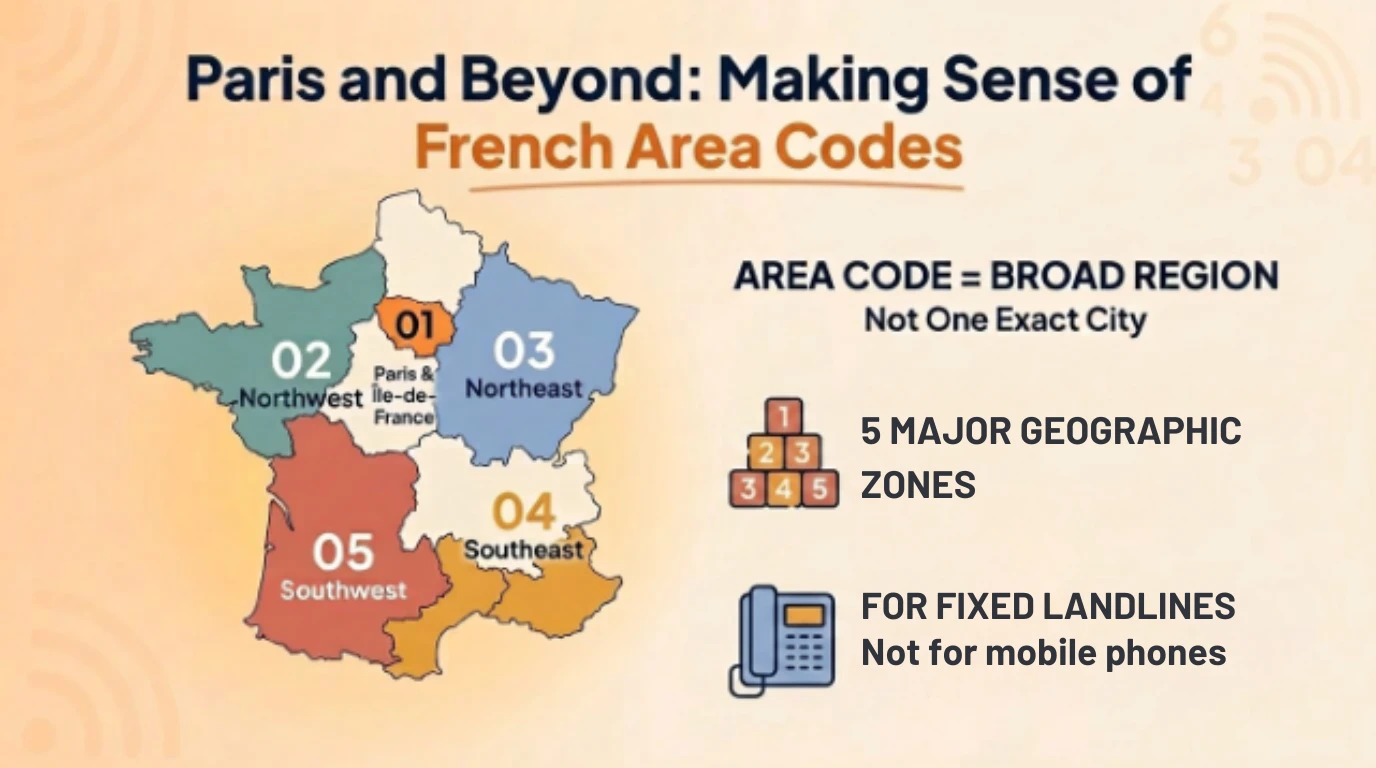 Map of France divided into five regional area codes: 01 Paris and Ile-de-France, 02 northwest, 03 northeast, 04 southeast, and 05 southwest