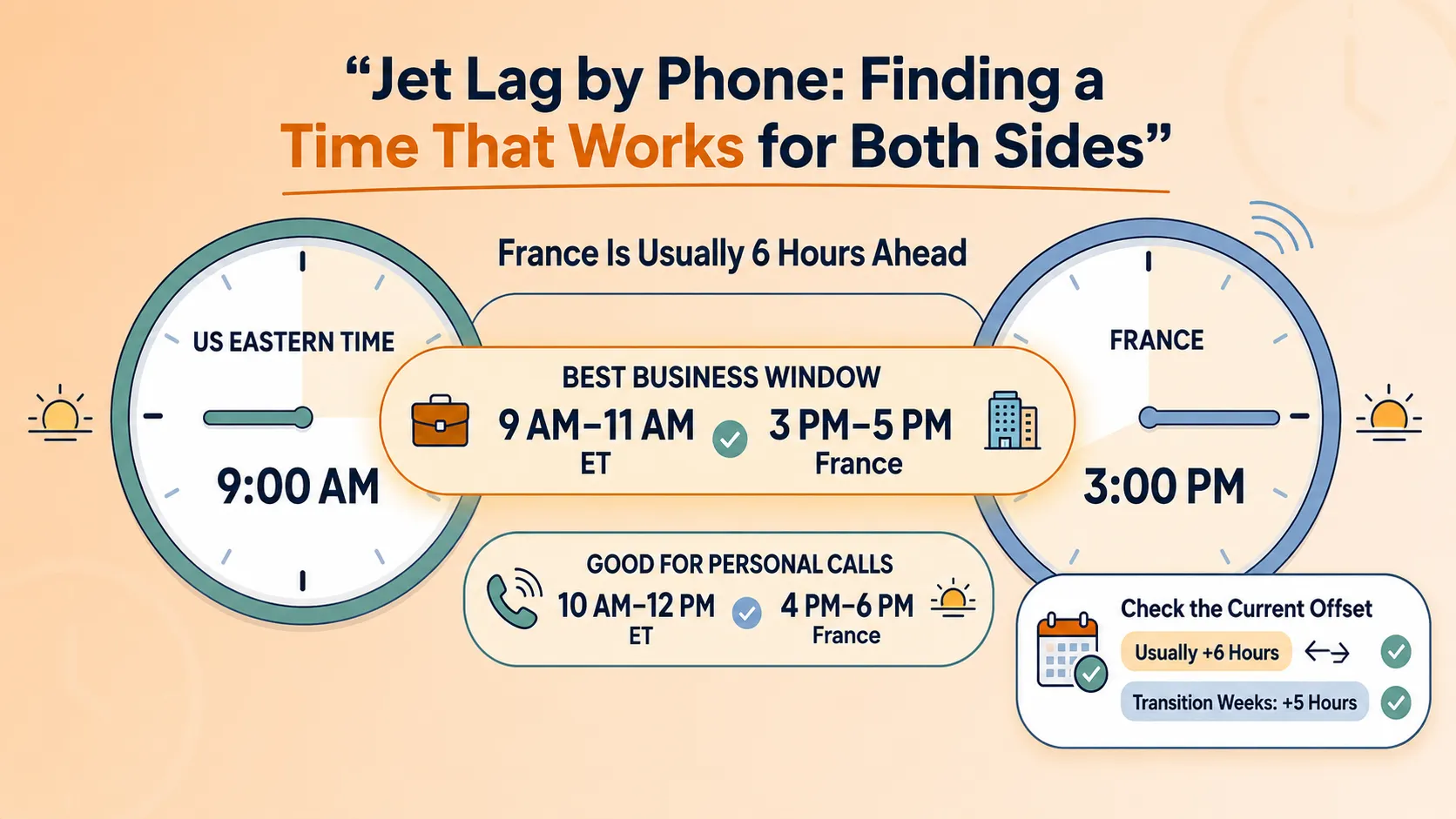 Clock comparison showing US Eastern Time 9 AM aligning with 3 PM in France, with best windows listed for business and personal calls