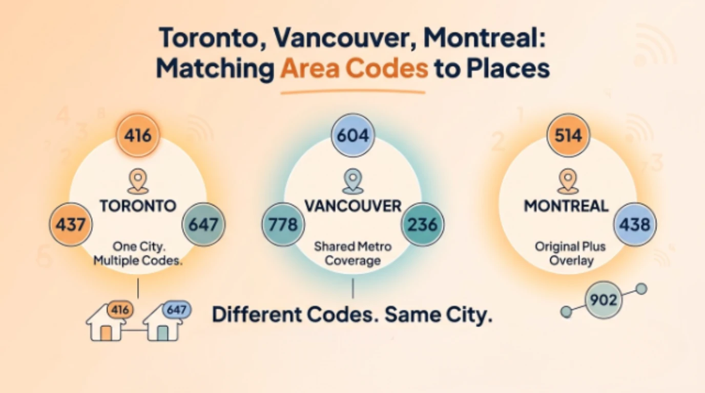 Chart showing Canadian city area codes: Toronto 416, 437, and 647, Vancouver 604, 778, and 236, Montreal 514 and 438, with an overlay code example