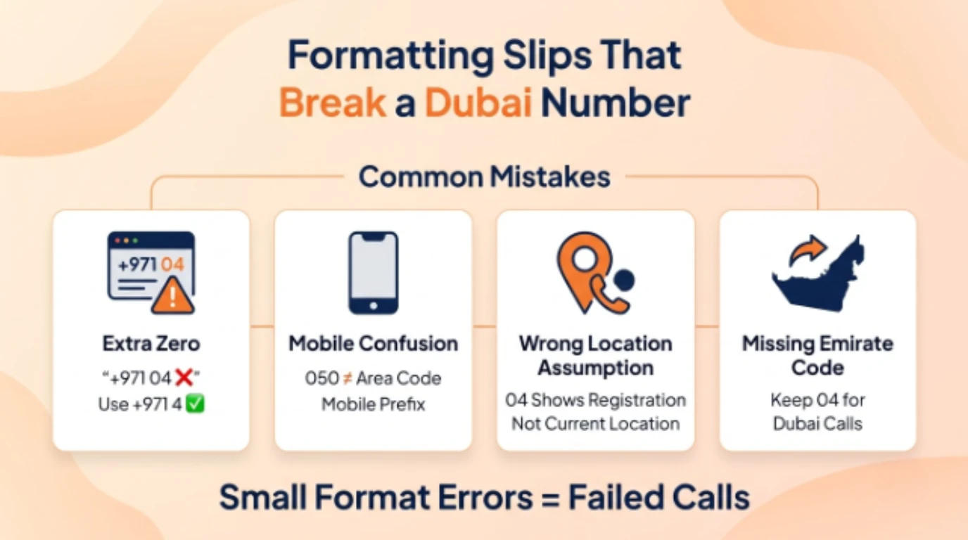 Four-mistake diagram covering keeping the leading zero with +971, treating a mobile prefix like an area code, assuming a 04 number means the caller is currently in Dubai, and skipping the emirate code on cross-emirate calls