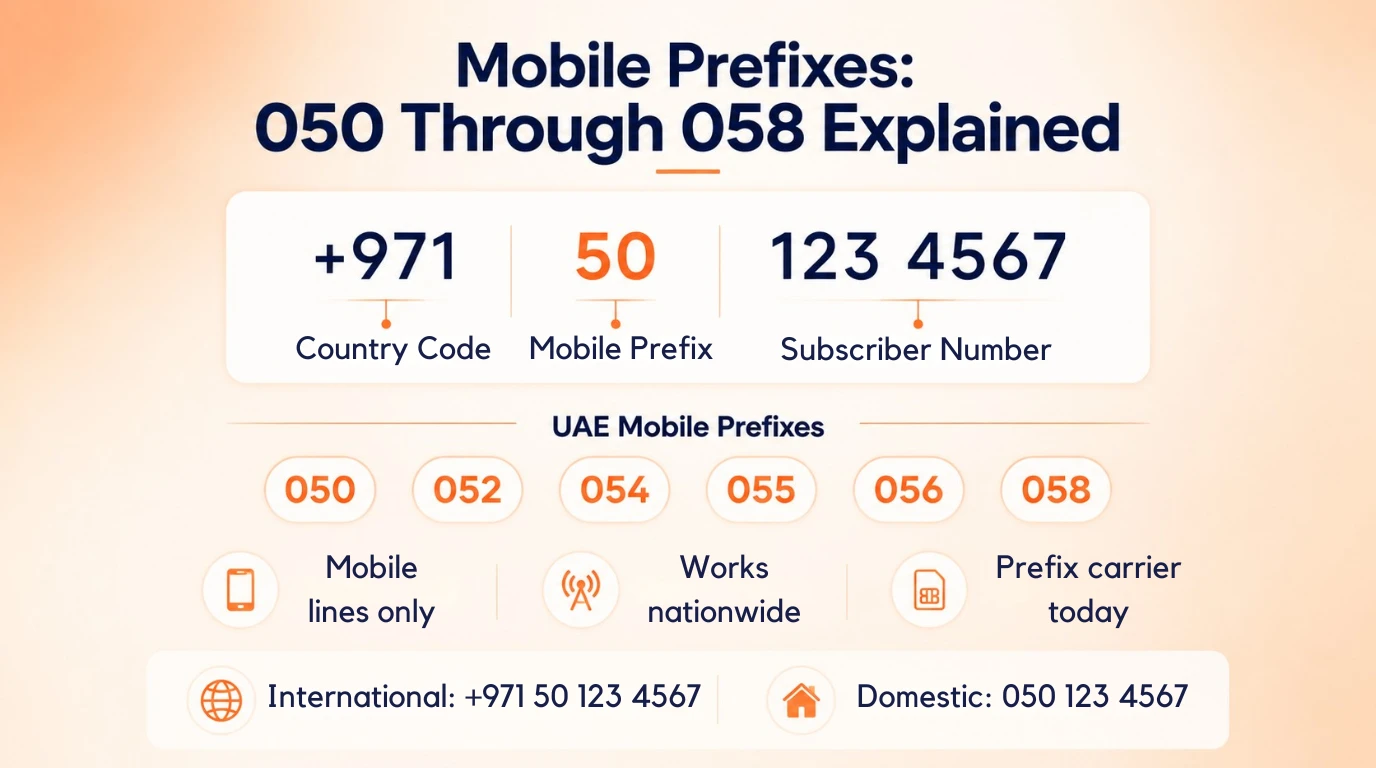 Diagram showing UAE mobile numbers structured as country code plus a two-digit mobile prefix from 050 to 058 plus a subscriber number, working nationwide regardless of carrier