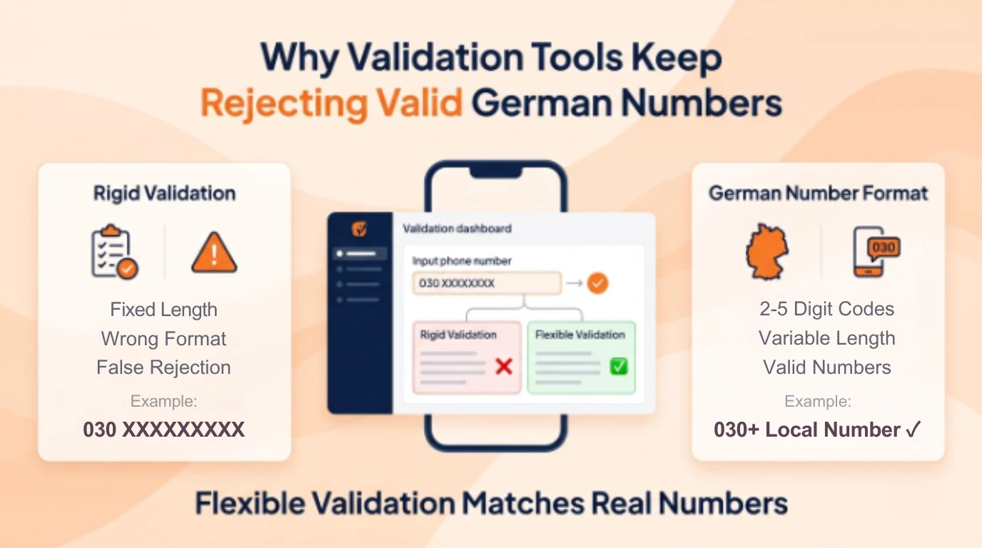 Diagram showing rigid fixed-length validation rejecting a valid German number, versus flexible validation built for variable-length German area codes accepting it correctly