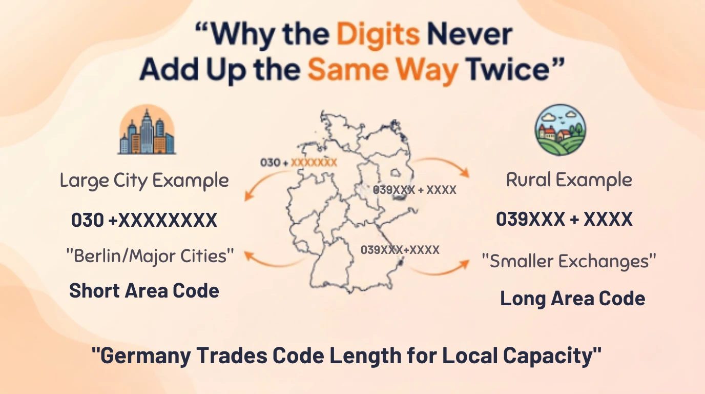 Diagram contrasting a large-city German number with a short area code and long subscriber number against a rural example with a long area code and short subscriber number