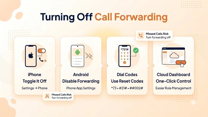 Turning off call forwarding on iPhone, Android, dial codes, and a cloud dashboard