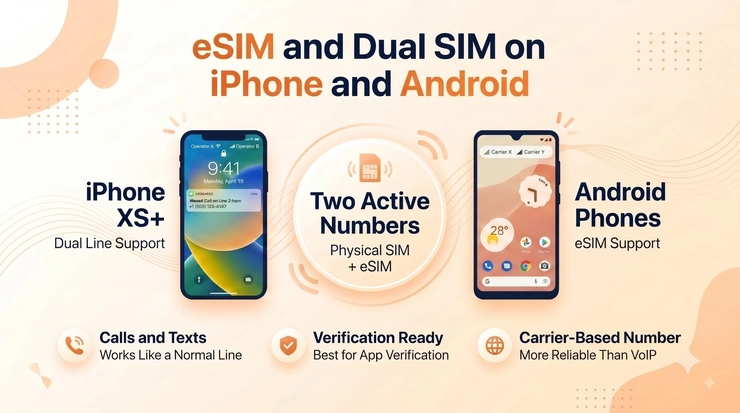 eSIM and dual SIM on iPhone and Android — a second number running through a real carrier