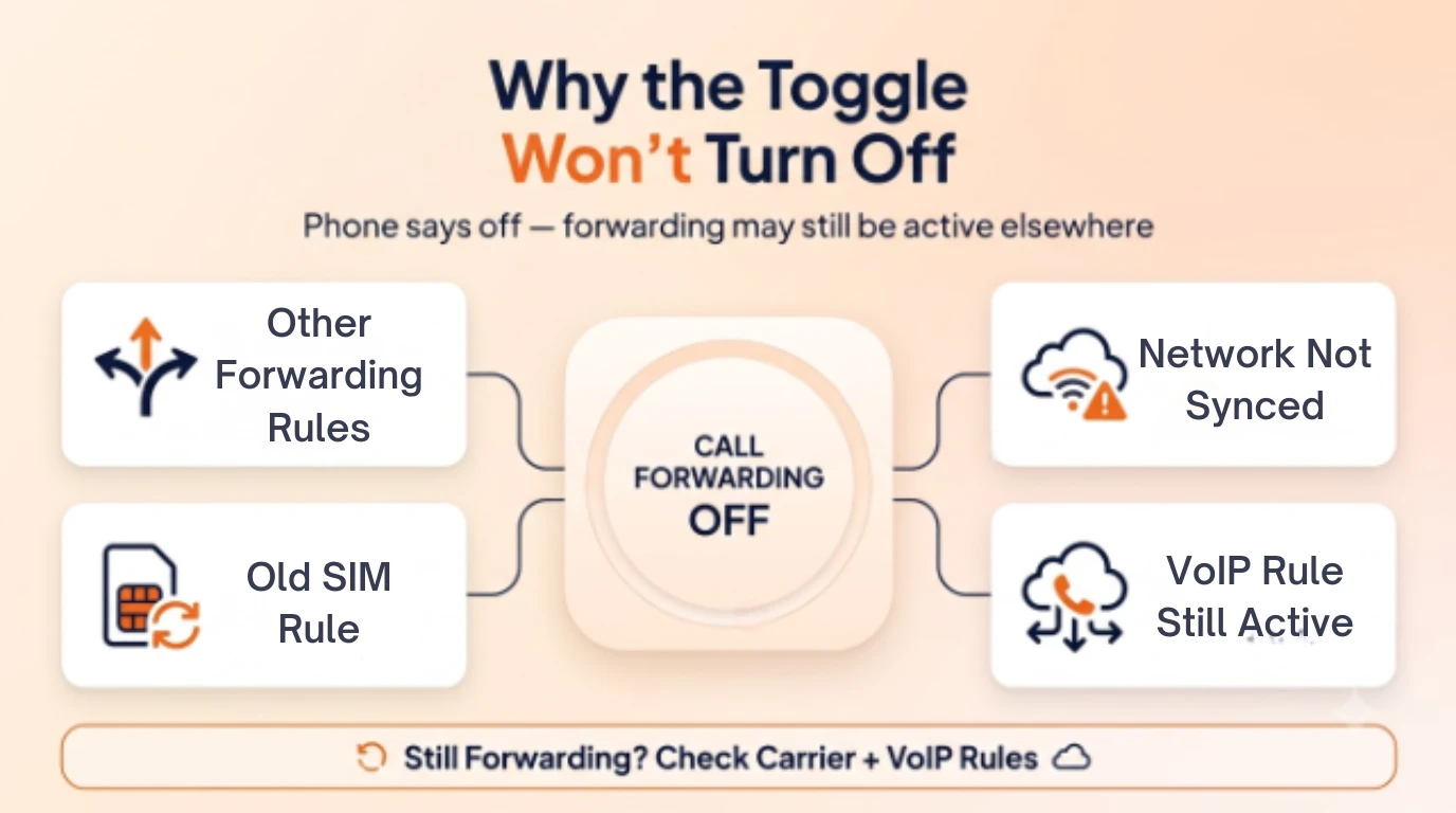 Diagram showing that phone settings won't change VoIP forwarding rules, since those rules live in the cloud and must be disabled from the dashboard by opening number settings, reviewing routing rules, and disabling or deleting them
