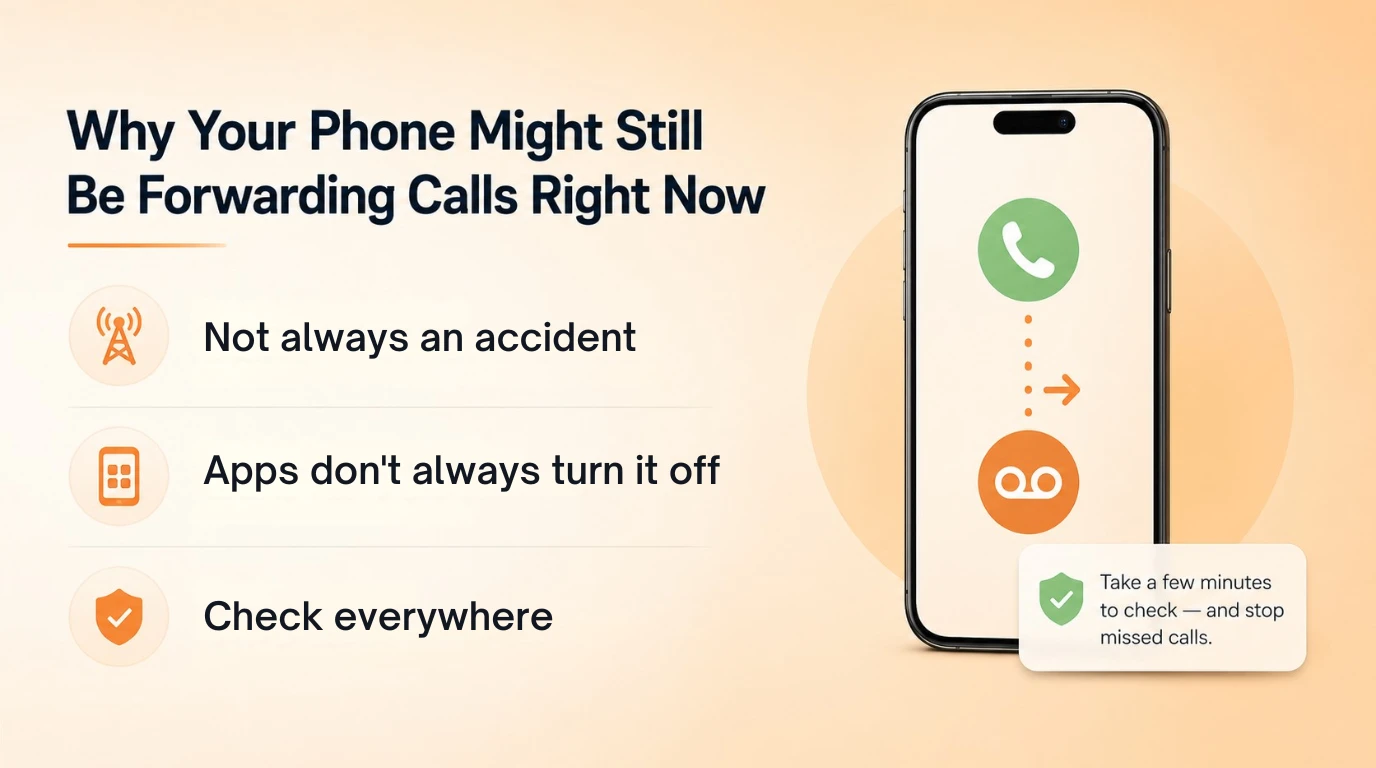 Diagram showing call forwarding is not always an accident, apps don't always turn off the underlying carrier setting, and it's worth checking everywhere it can be configured