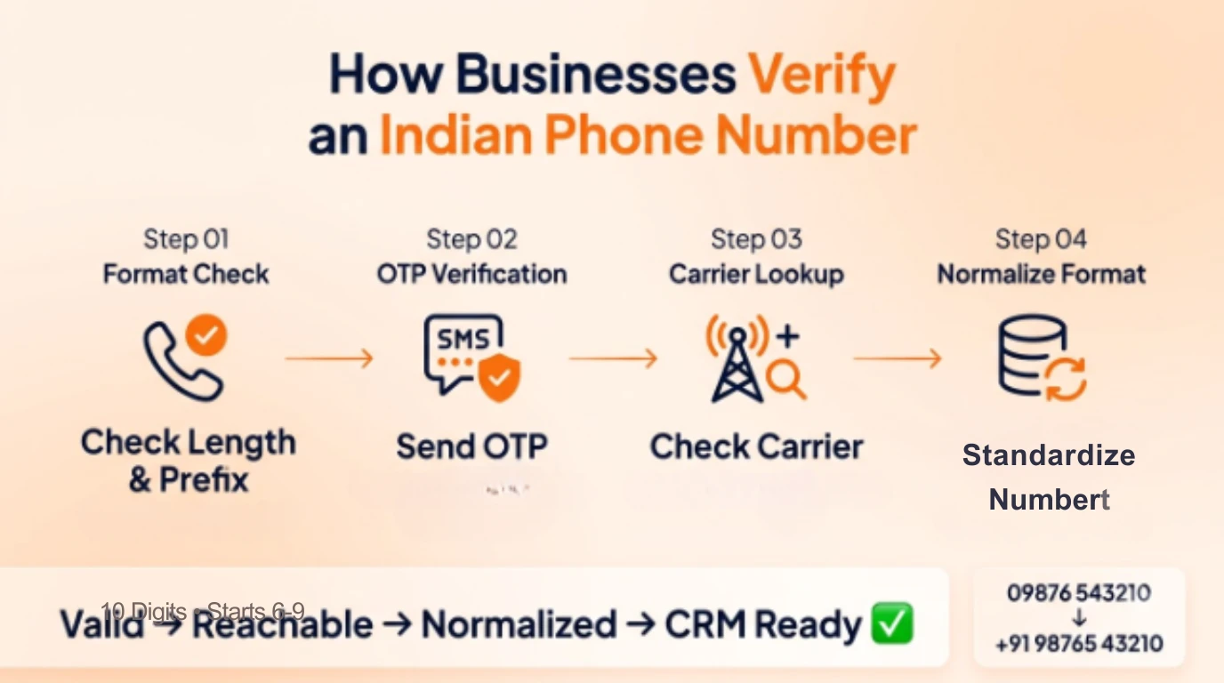 Four-step diagram showing how businesses verify an Indian phone number: check length and prefix, send an OTP, check the carrier, then normalize the number's format