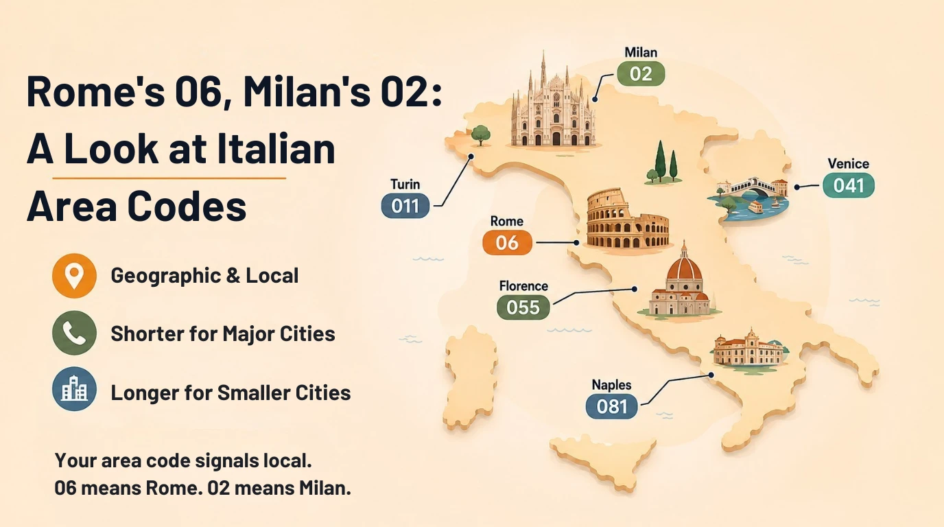 Map of Italy showing area codes by city: Turin 011, Milan 02, Venice 041, Rome 06, Florence 055, Naples 081