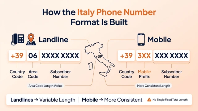 Diagram showing an Italian landline number as country code plus area code plus subscriber number versus a mobile number as country code plus mobile prefix plus subscriber number
