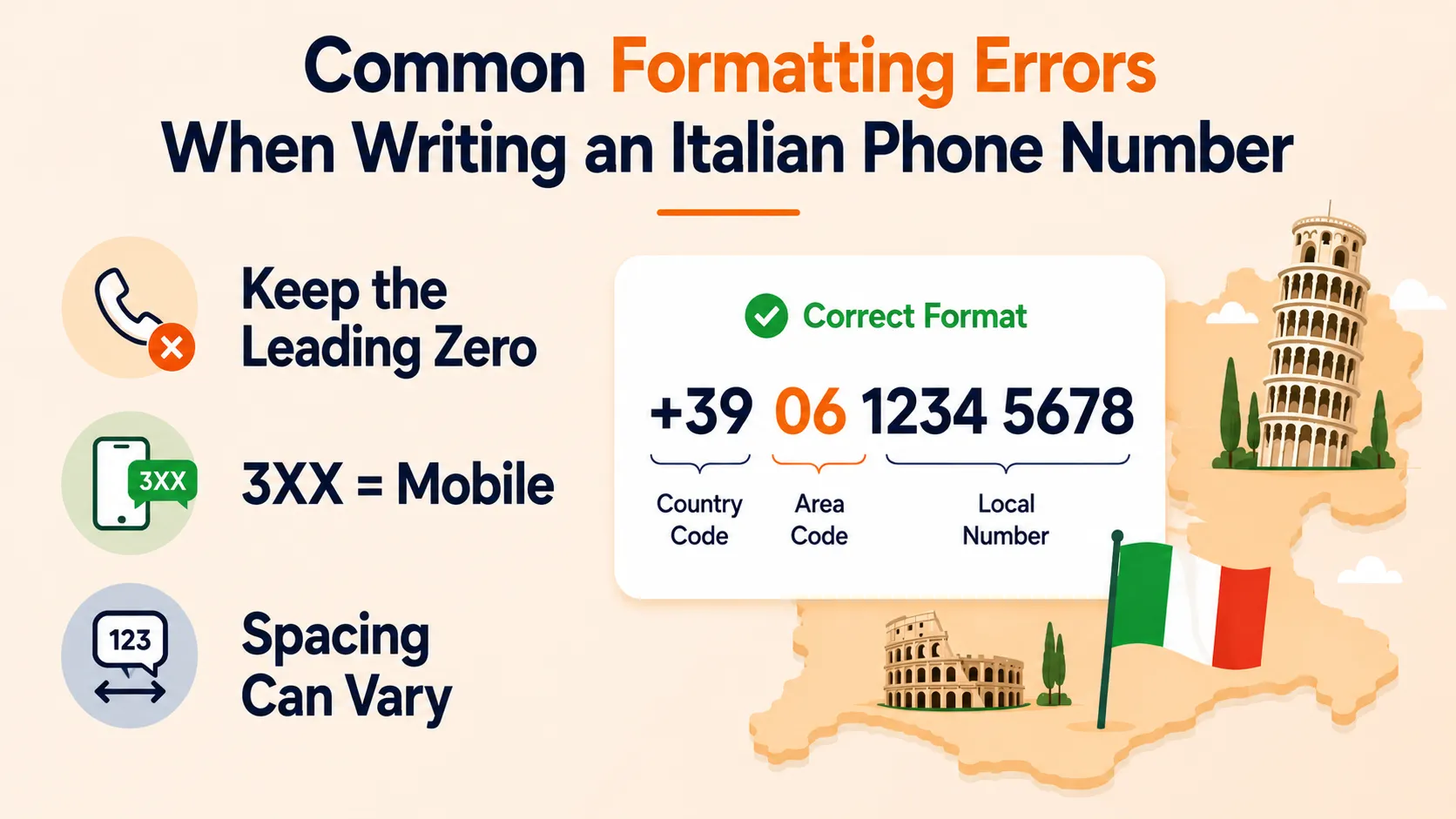 Three-mistake diagram covering keeping the leading zero when dialing internationally, confusing a mobile prefix with an area code, and inconsistent spacing in Italian phone numbers