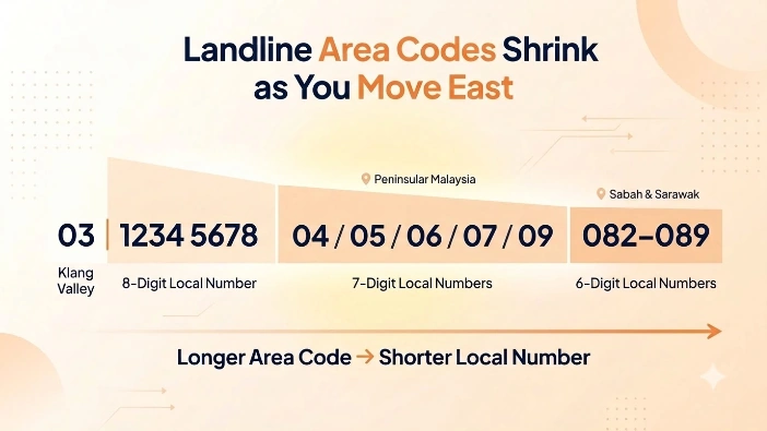Malaysia landline area codes shrink as you move east — Klang Valley, Peninsular Malaysia, and East Malaysia