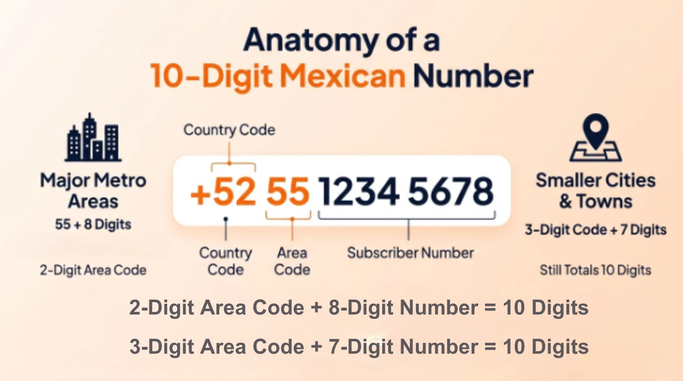 Diagram breaking down a Mexican phone number into country code, area code, and subscriber number, showing major metros use a 2-digit area code plus 8 digits while smaller cities use a 3-digit code plus 7 digits, both totaling 10 digits