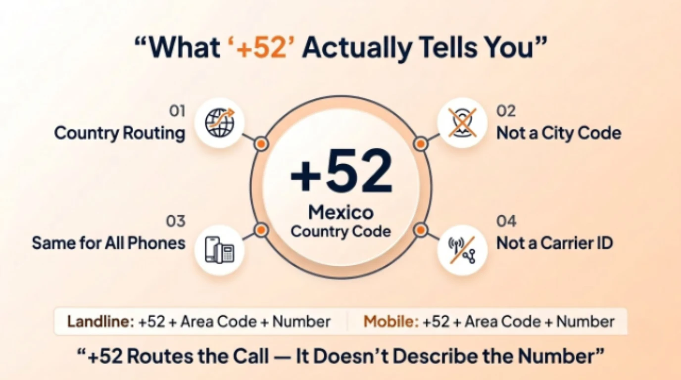 Diagram showing Mexico's +52 country code routes the call but is not a city code, not a carrier ID, and applies the same to landline and mobile numbers