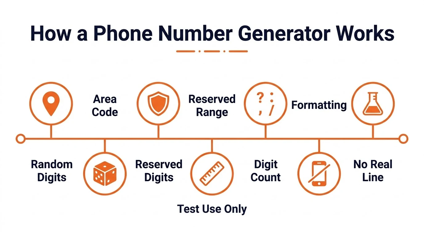 Diagram breaking down a phone number generator into area code, random digits, reserved range, and formatting.