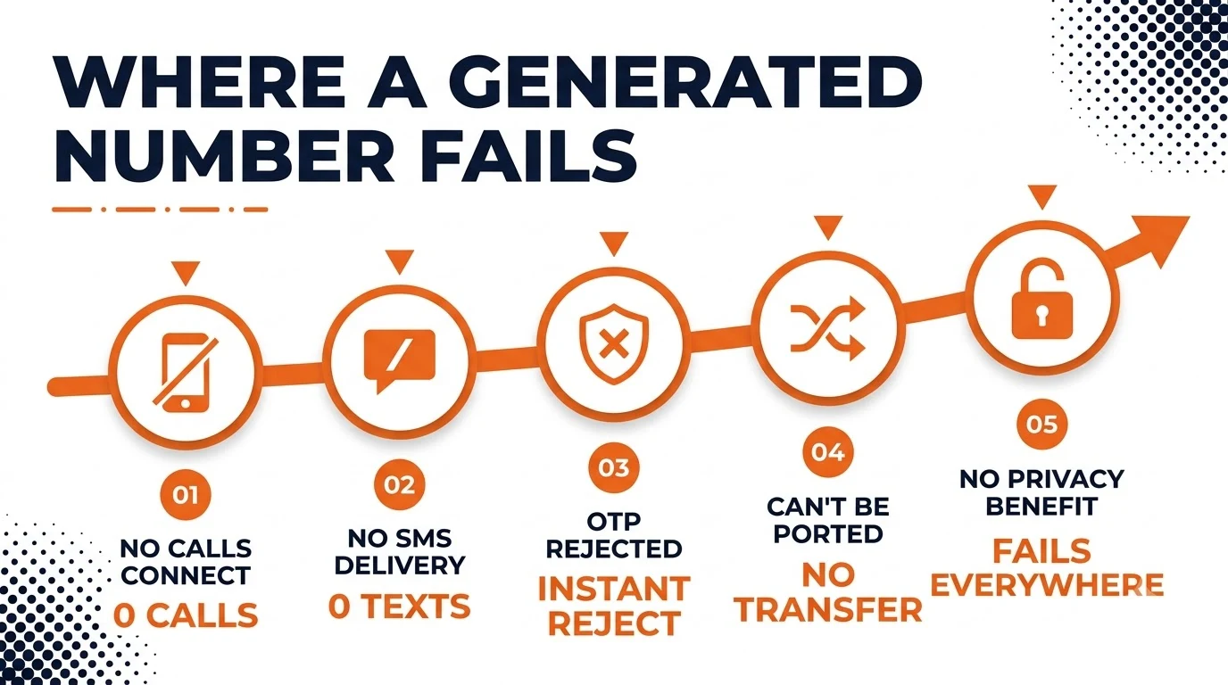 Timeline showing the five ways a generated phone number fails: no calls, no SMS, rejected OTP, no porting, no privacy benefit.