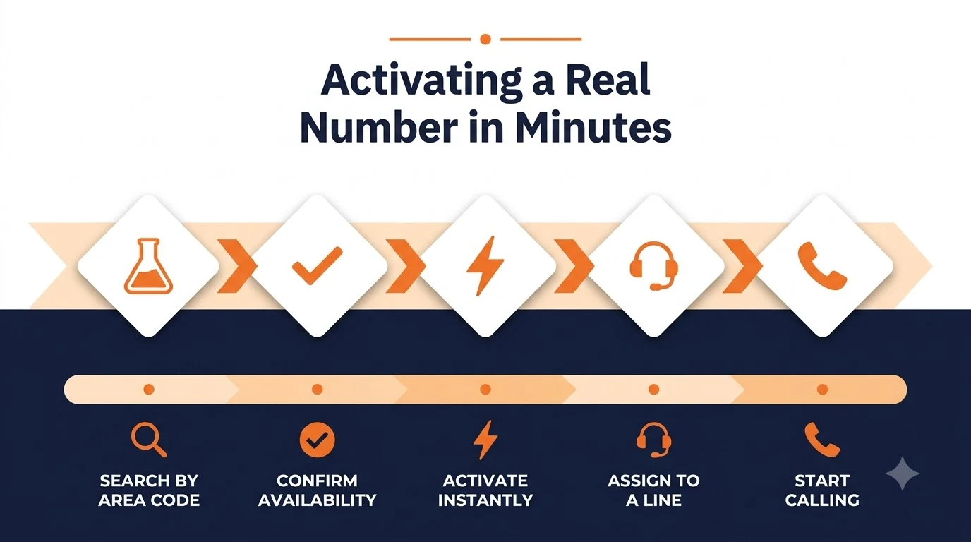 Four-step flow showing how to activate a real phone number: search by area code, confirm availability, activate, assign to a line.