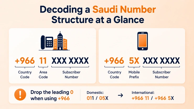 Decoding a Saudi phone number structure — country code, area or mobile prefix, subscriber number