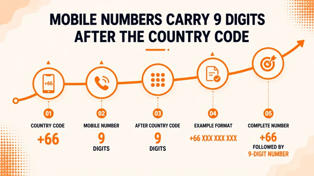 Infographic showing that Thai mobile numbers carry 9 digits after the +66 country code.