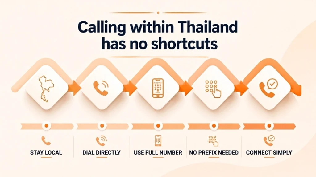 Five-step visual showing that calling within Thailand always uses the full local number with no shortcuts.