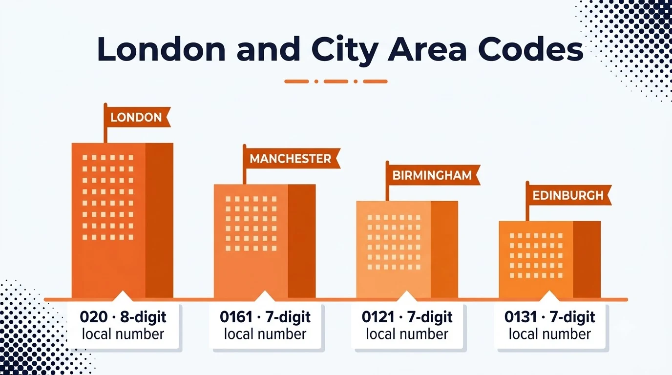 Comparison chart showing UK city area codes of different lengths: London 020, Manchester 0161, Birmingham 0121, Edinburgh 0131.