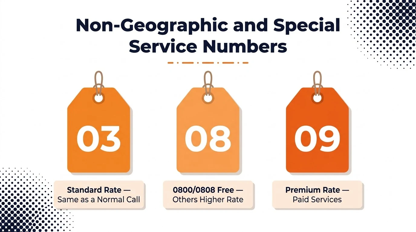 Chart showing UK non-geographic number ranges 03, 08, and 09 with their different pricing rules for callers.