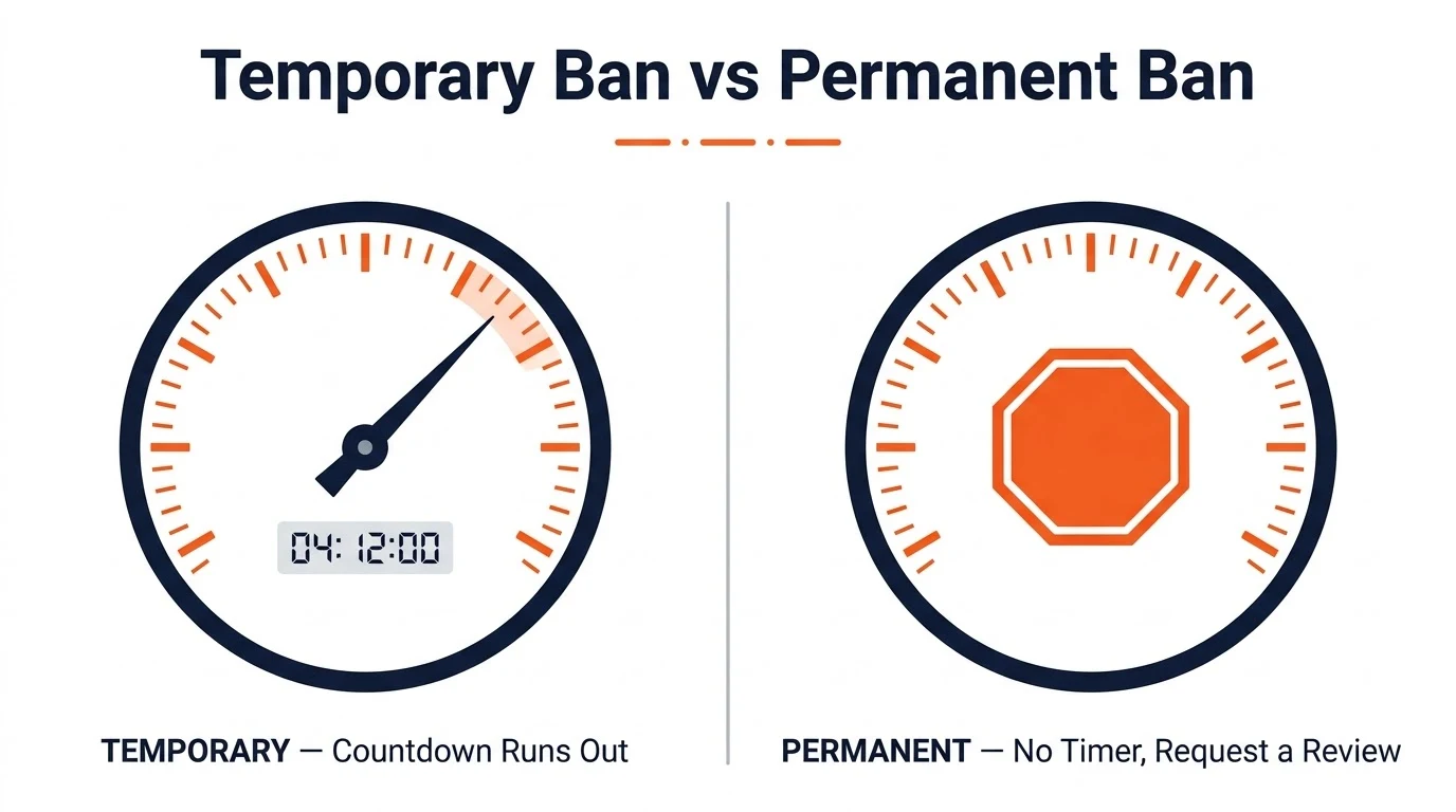 Comparison graphic showing a temporary WhatsApp ban with a countdown timer versus a permanent ban with a review request screen.