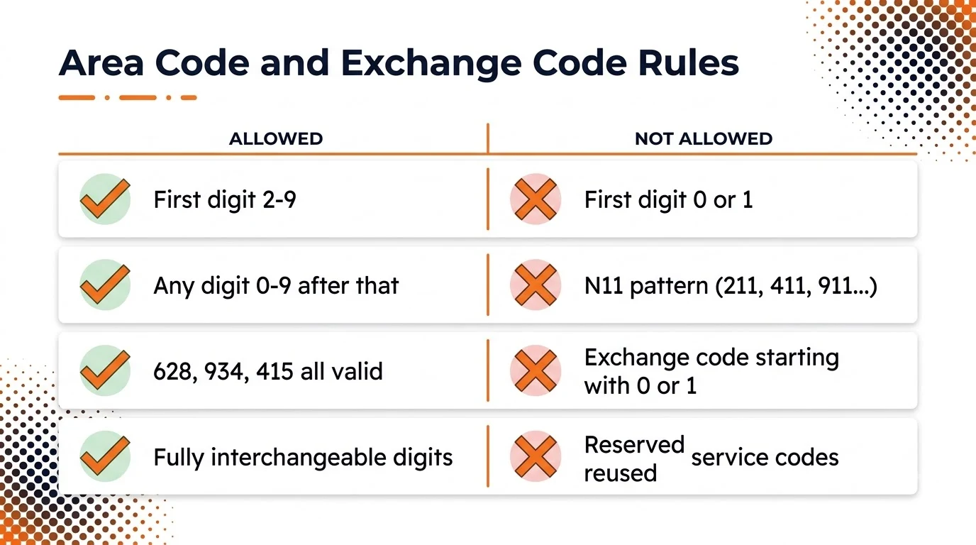 Infographic showing the digit rules for US area codes and exchange codes, including reserved N11 service codes.