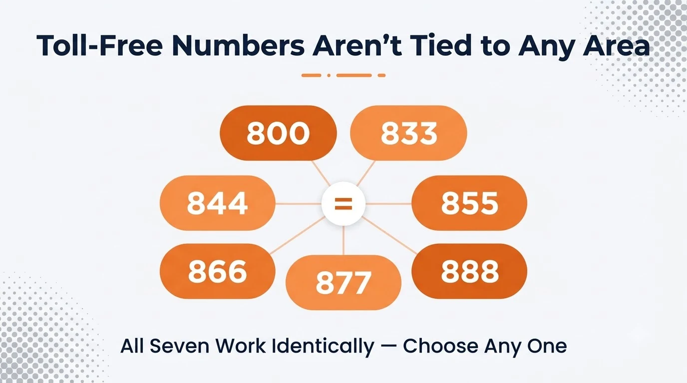 Chart listing US toll-free number prefixes 800, 833, 844, 855, 866, 877, and 888 as functionally identical.