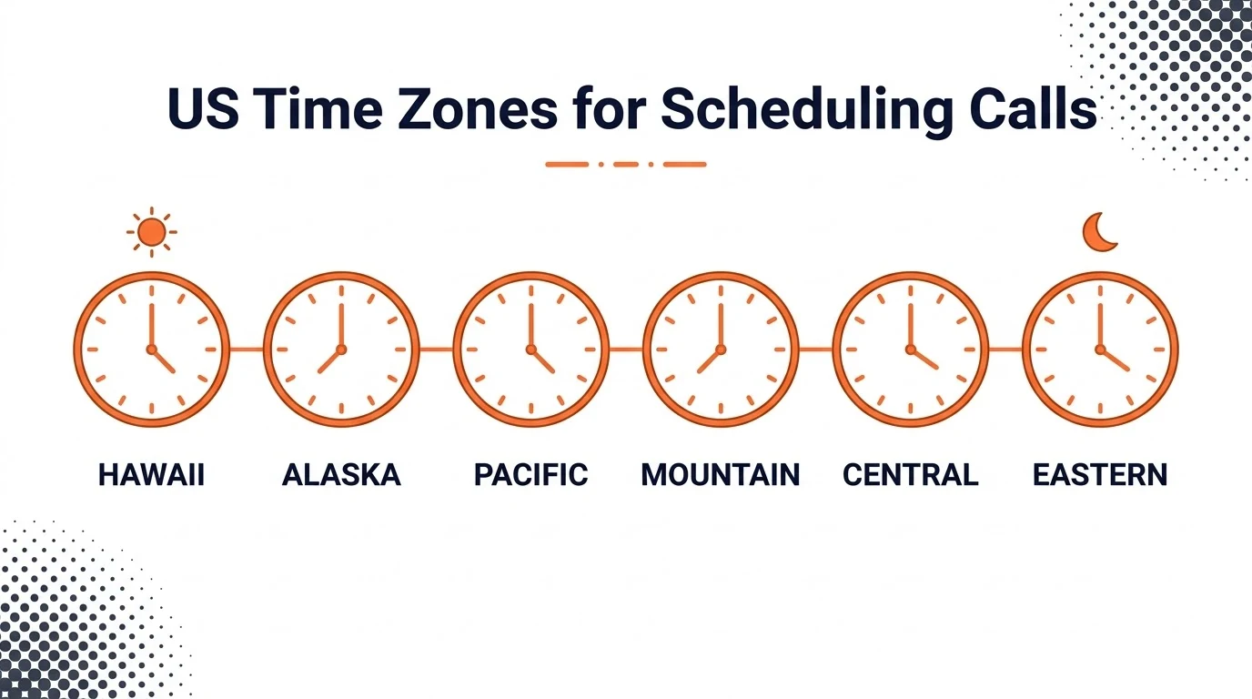 Map-style graphic showing US time zones for scheduling calls across the country.