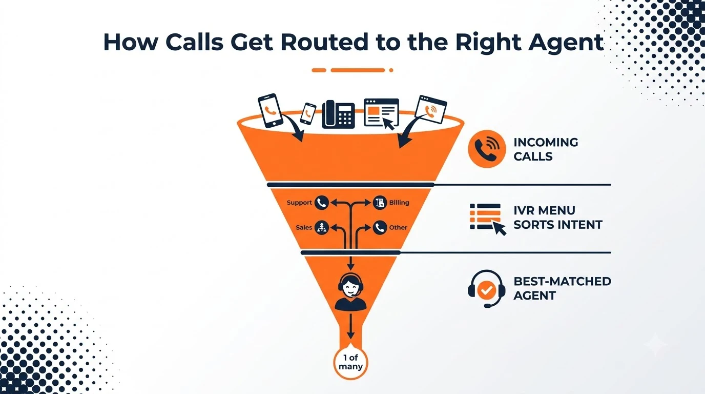 Flowchart showing a call moving through an IVR menu, into a queue, and being routed to the best-matched available agent.