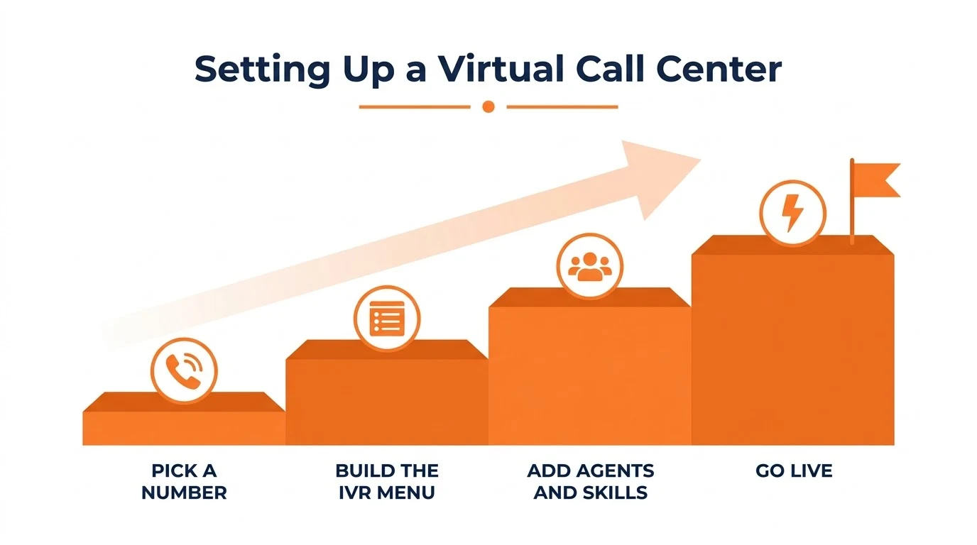 Four-step flow showing how to set up a virtual call center: pick a number, build the IVR menu, add agents, go live.