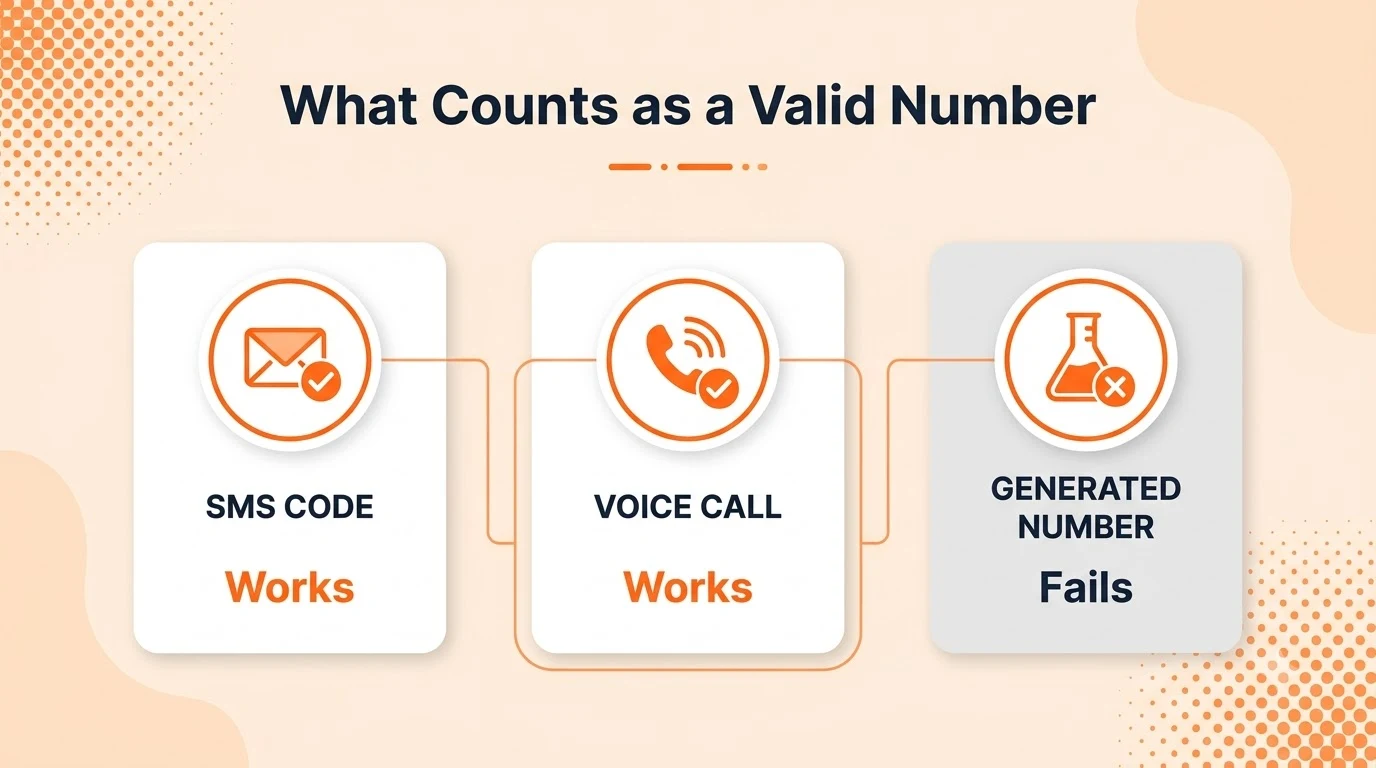 Comparison graphic showing SMS and voice call as valid WhatsApp verification methods versus a generated number that receives neither.