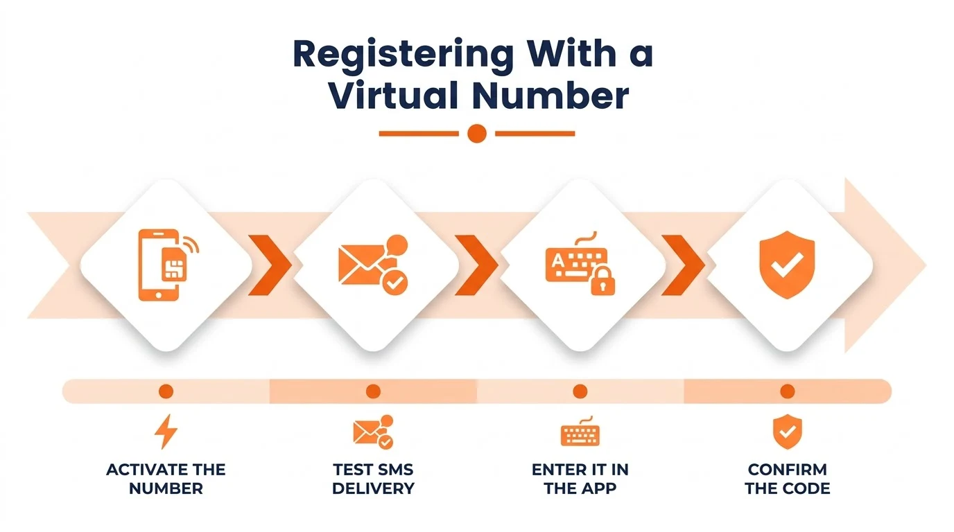 Four-step flow showing how to register WhatsApp with a virtual phone number: activate the number, open the app, enter it, confirm the code.