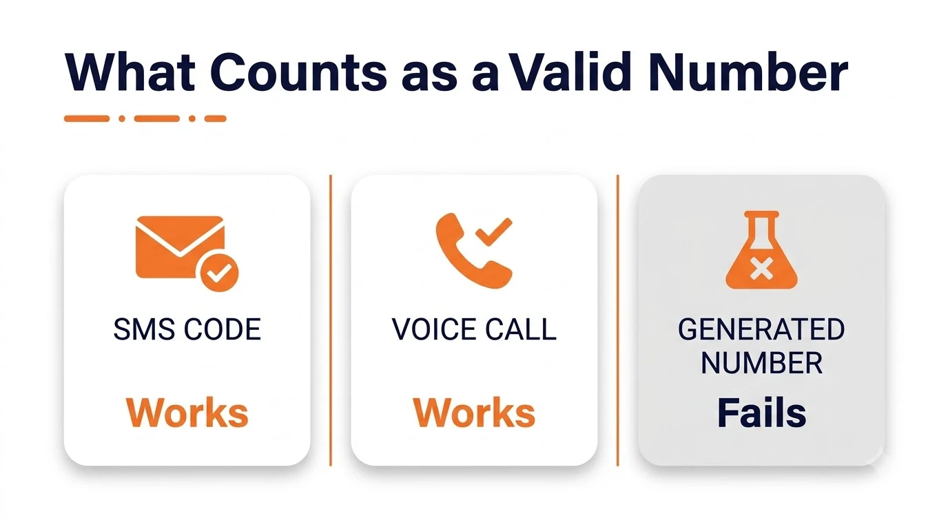 Comparison graphic showing SMS and voice call as valid Telegram verification methods versus a generated number that receives neither.
