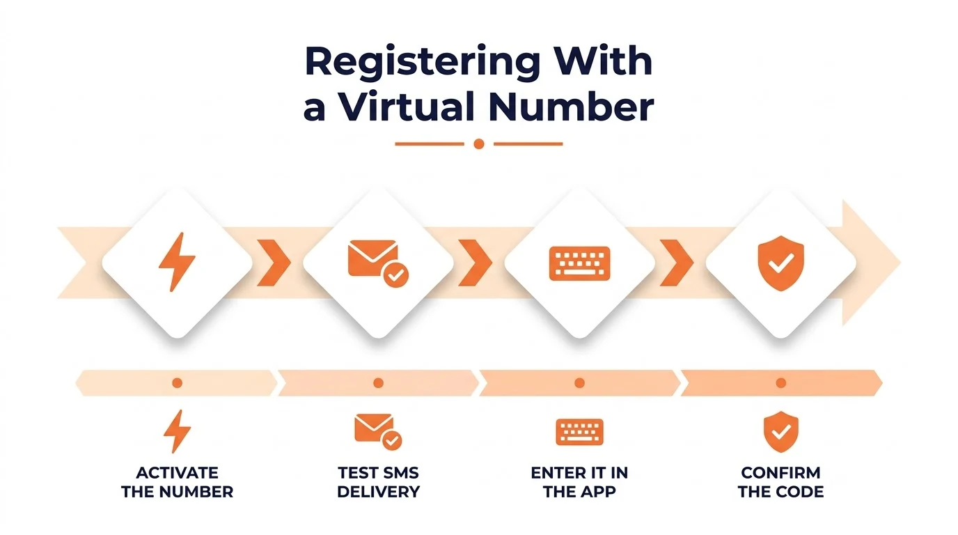 Four-step flow showing how to register Telegram with a virtual phone number: activate the number, open Telegram, enter it, confirm the code.
