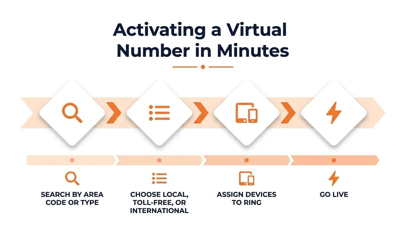 Four-step flow showing how to activate a virtual phone number: search, choose type, assign devices, go live.