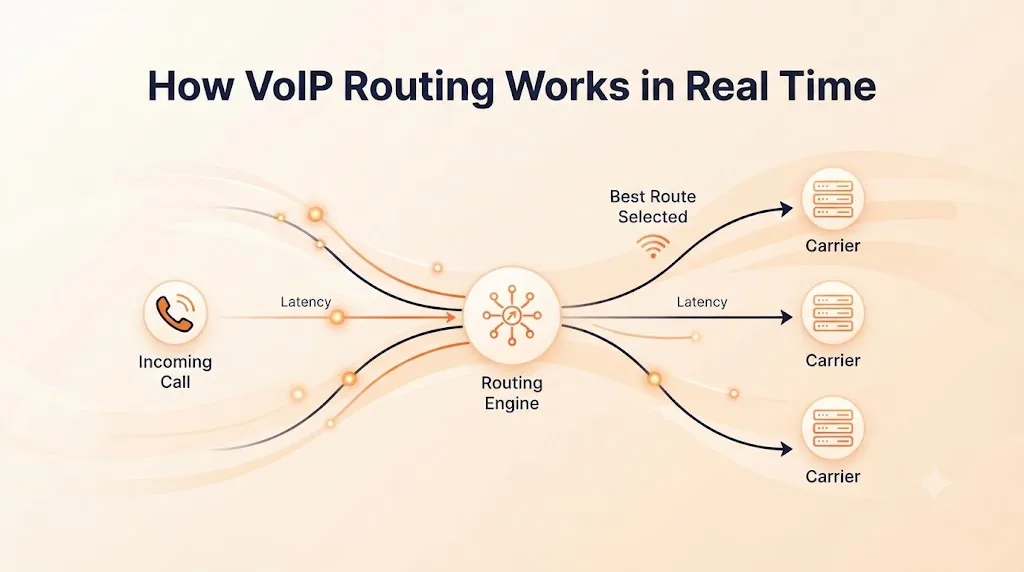 How VoIP routing works in real time — incoming call, routing engine, latency, and best route selected across carriers