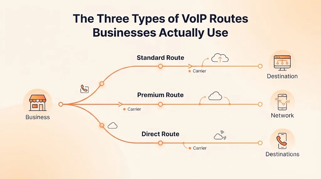 The three types of VoIP routes businesses actually use: standard, premium, and direct routes