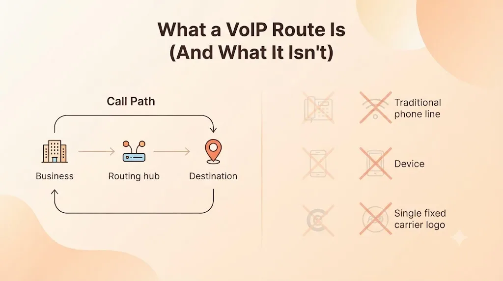 What a VoIP route is and what it isn't — the call path from business to routing hub to destination