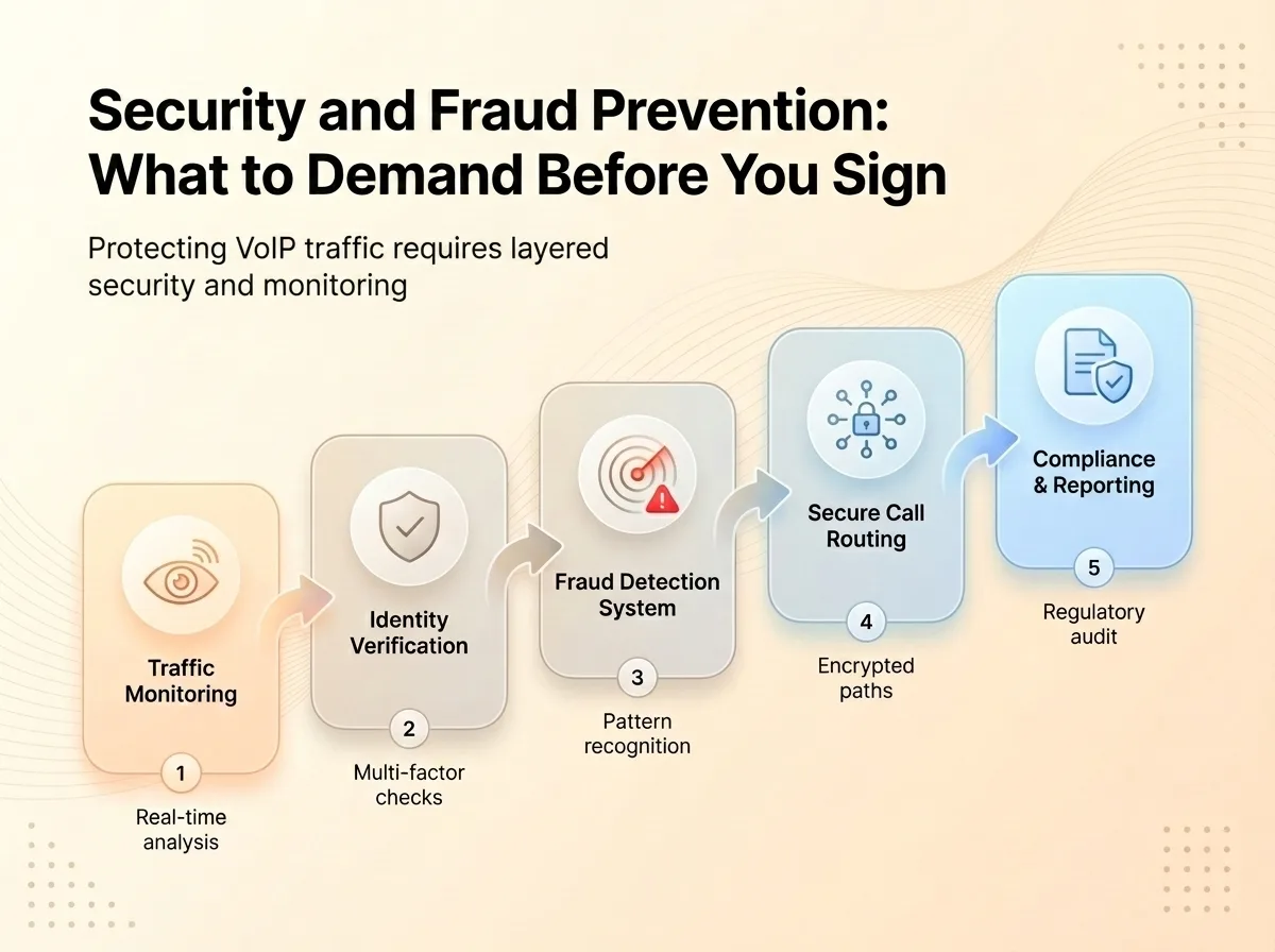 Security and fraud prevention in wholesale VoIP termination — TLS, SRTP, STIR/SHAKEN attestation, and real-time fraud monitoring