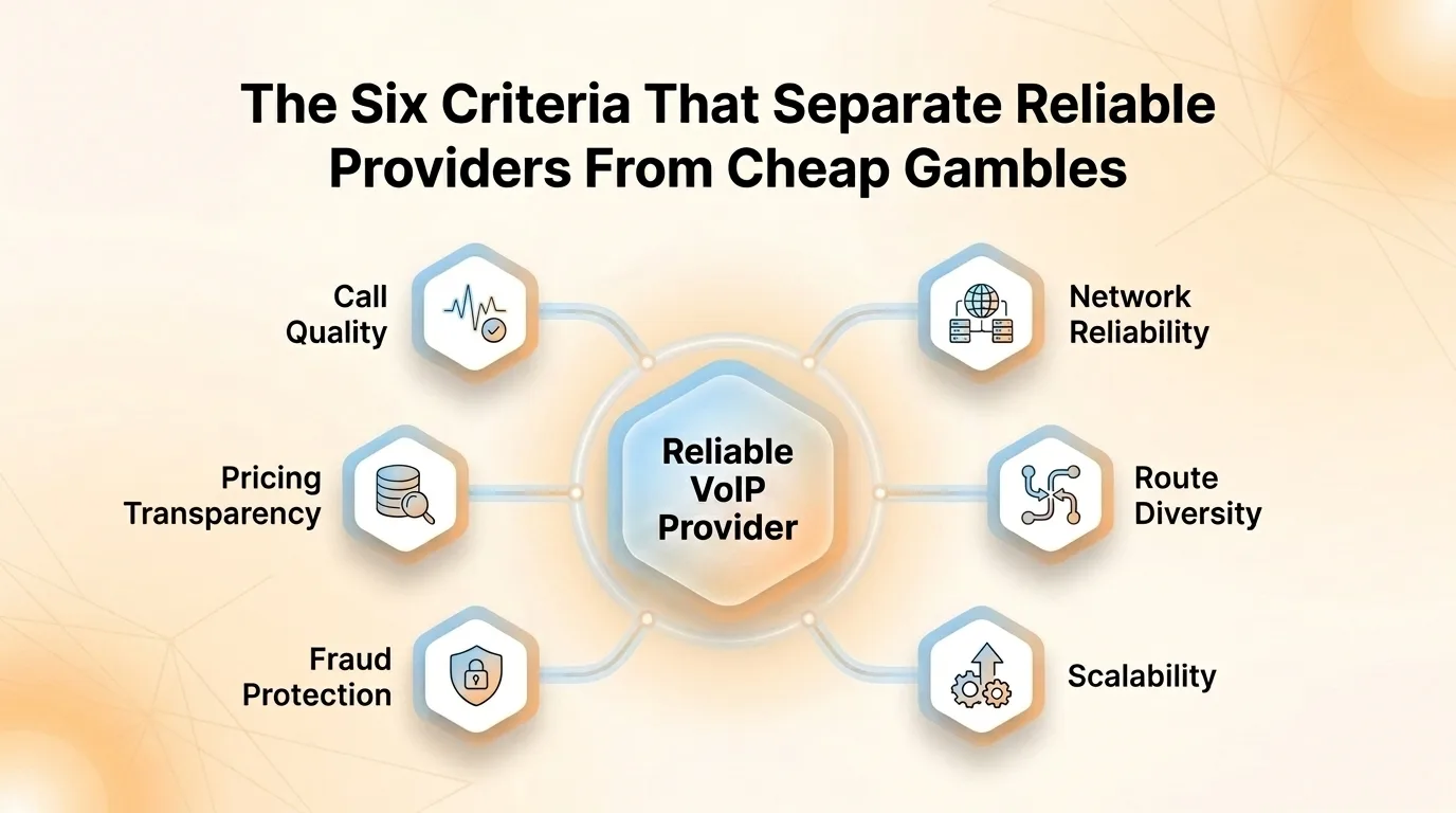 The six criteria that separate reliable wholesale VoIP termination providers: uptime SLA, Tier-1 interconnects, call quality, coverage, security, scalability